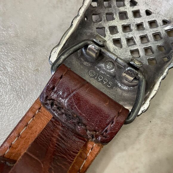 Vintage Brighton 1995 Silver Buckle Brown Braided Leather Waist Belt embossed M - Picture 6 of 12